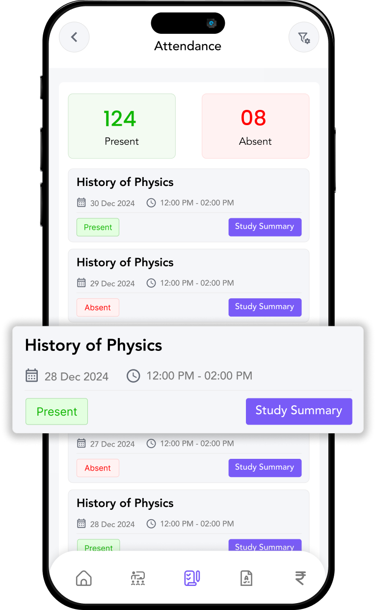 Attendance management screen in TuitionPlus showing present and absent student count for a coaching class