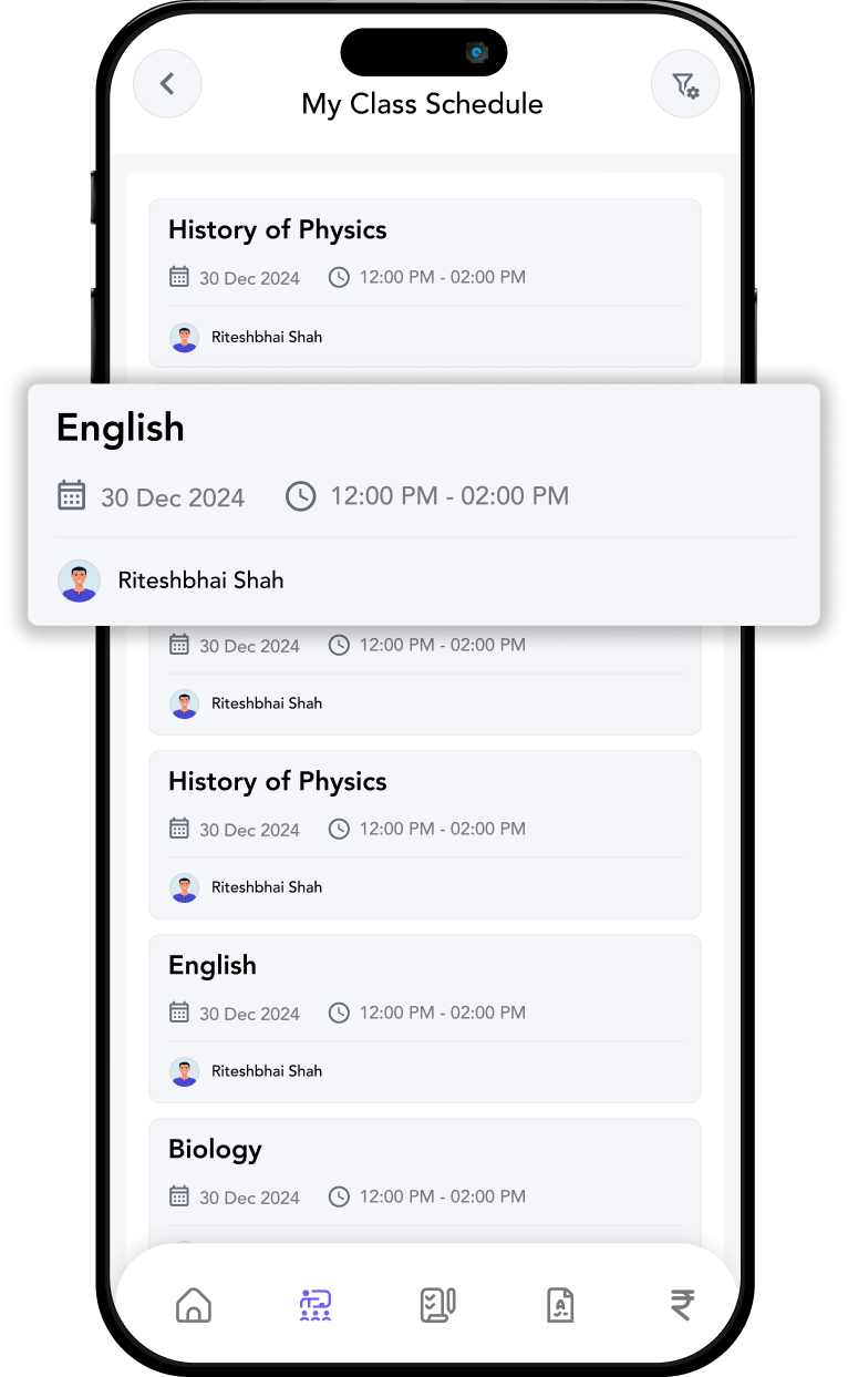 Batch scheduling calendar in TuitionPlus showing weekly class schedule for a coaching institute