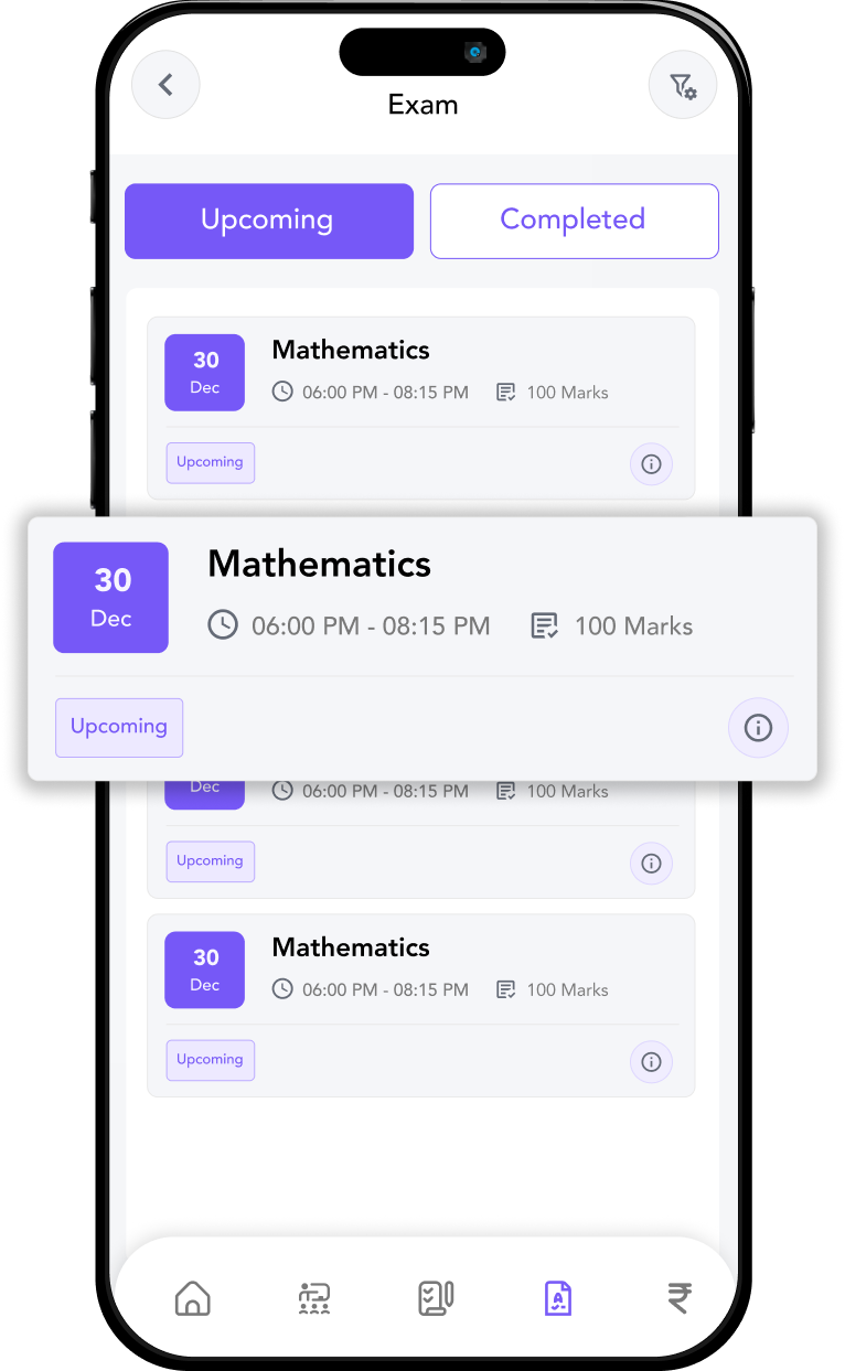 Examination dashboard in TuitionPlus coaching management software showing upcoming exam schedule and marks