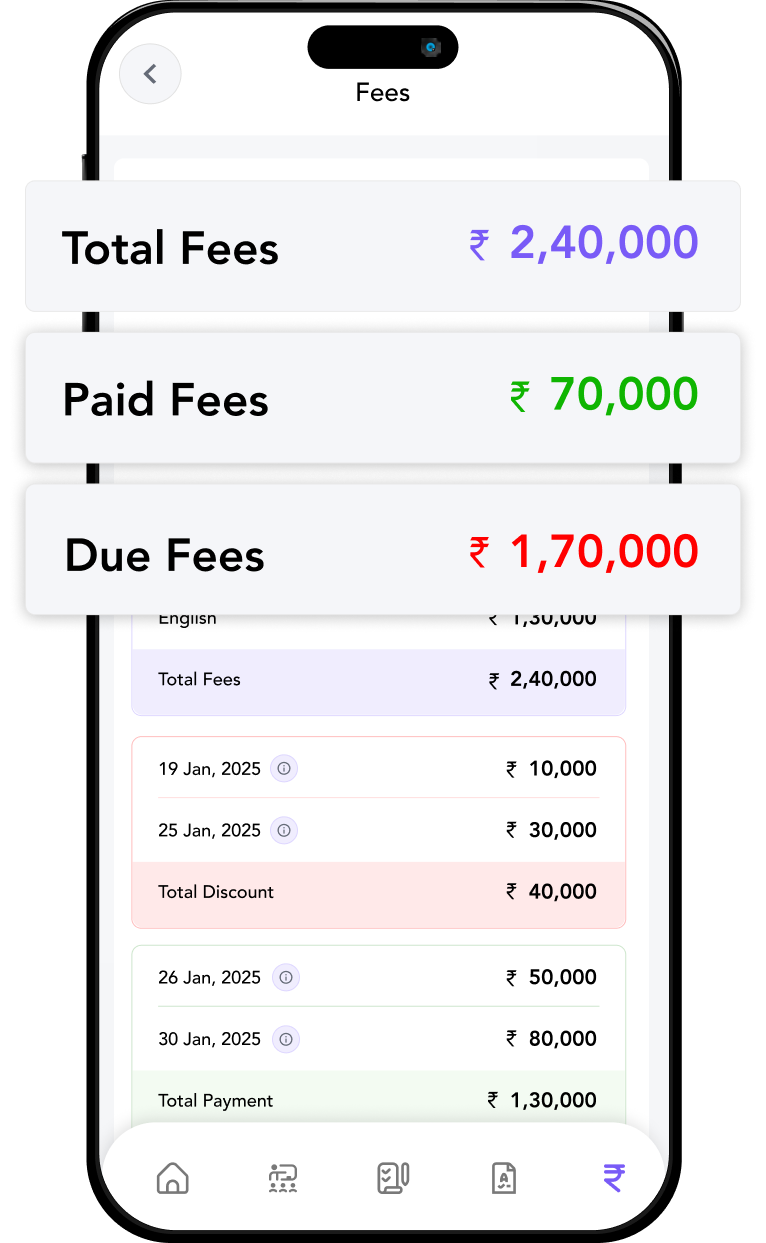 Fee management interface in TuitionPlus showing total fees, paid fees and due fees for a coaching institute