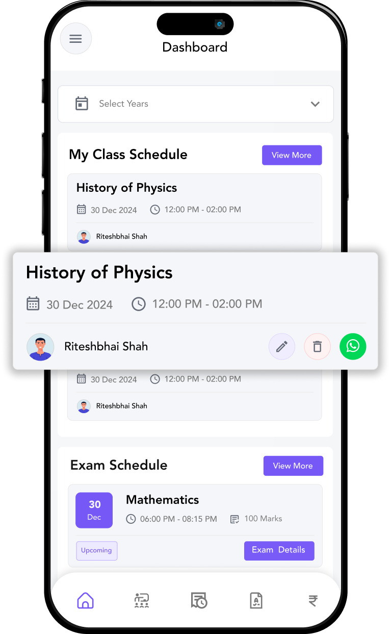 TuitionPlus dashboard showing coaching class schedule and exam reports